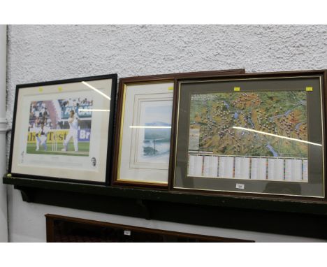 Wainwright Bells map, "Bothams Ashes" limited edition cricket print and signed Langdale Pikes print 