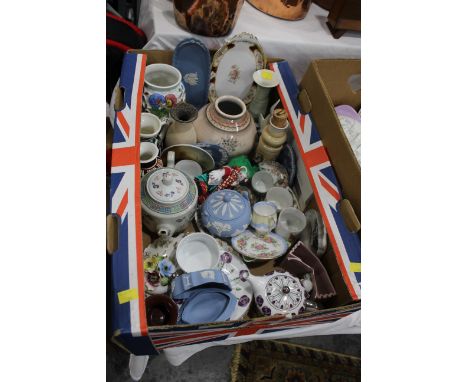 Box of ornaments, Wedgwood Jasperware, oriental teapot etc