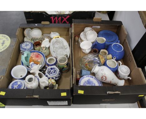 Two boxes of cow creamers, ornaments, teapot, vases etc
