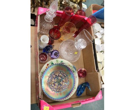 Box of Carnival glass dish, ships decanter, red glass vases, decorative plates, paperweights etc