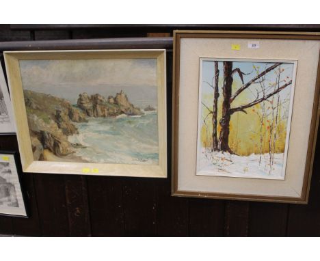 Two framed oil paintings, snow scene and seascape