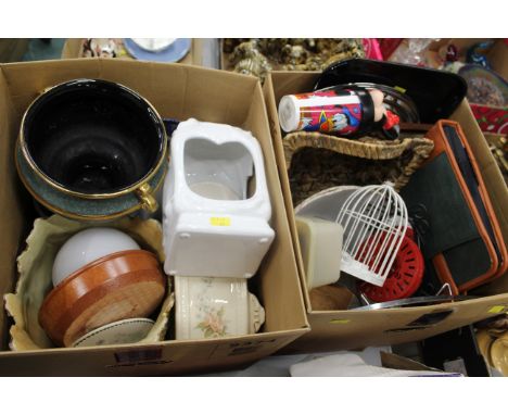 Two boxes of kitchenware, planters, basket, light shade, decorative plates etc