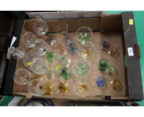 Cut glass decanter and box of coloured glasses, sundae dishes, liqueur glasses, hock glasses etc