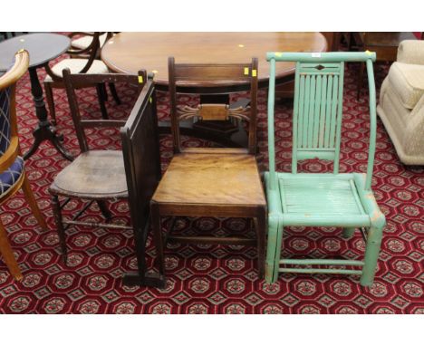 3 chairs, one green painted Chinese type and mahogany fire screen