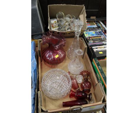 Two boxes of commemorative mugs and glassware, ruby glass vase, decanters etc