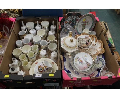 Two boxes of commemorative mugs, decorative plates, teapot etc