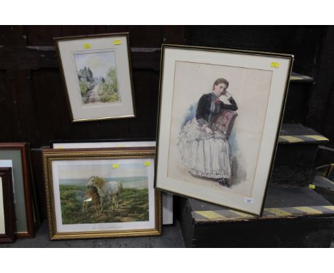 Original portrait watercolour circa 1900, five prints and assorted watercolours