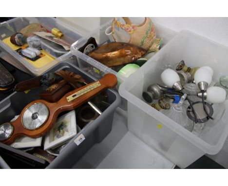 Three boxes of light fittings, glassware, barometer, vases, photograph frames etc