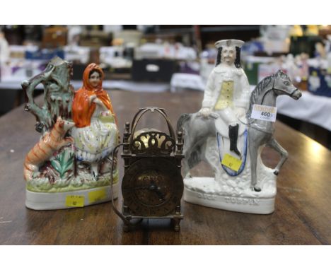Two Staffordshire flat backs and mantle clock