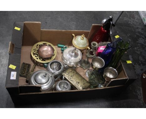 Box of glass vases, soda siphon, pewter teapot, trivet, copper dish etc