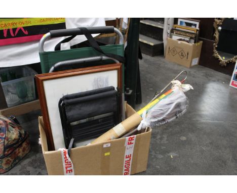 Box of stools, shooting stick, picture etc