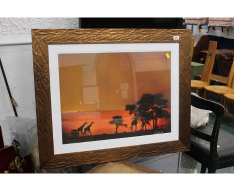 Framed African print and 3 boxes of ornaments, canvas pictures, glassware