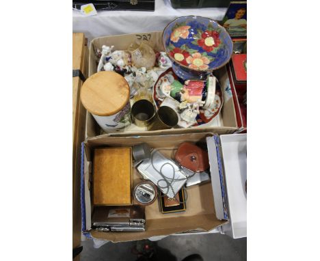 Two boxes of ornaments, lighters, cigarette box, Portmeirion Botanic Garden storage jar, light meter etc