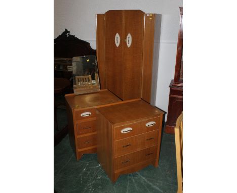 Mid century oak three piece bedroom suite - wardrobe, 3 drawer dressing chest &amp; 3 drawer chest of drawers