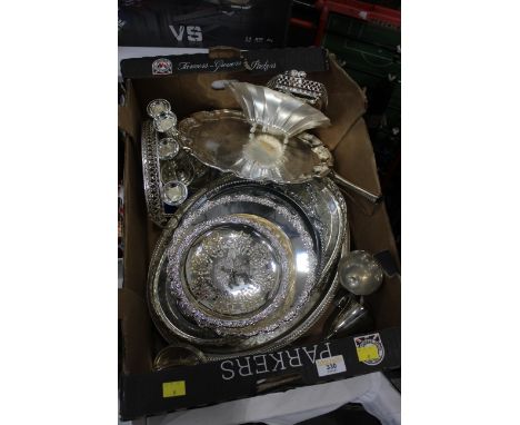 Box of plated ware, candelabra, galleried trays etc