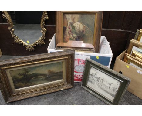 Box of picture frames, print of Arundel Castle and three antique oil paintings