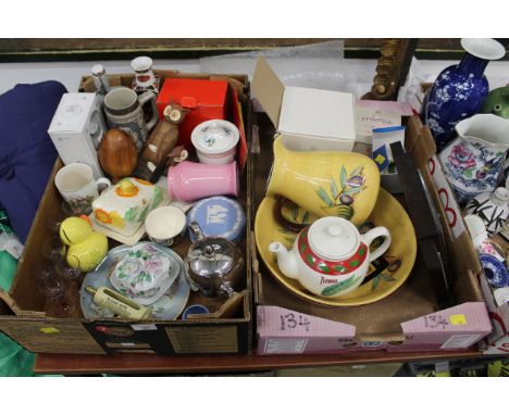 Two boxes of jug and bowl, barometer, Wedgwood Jasperware, decorative plate, Caithness bowl and paperweight etc