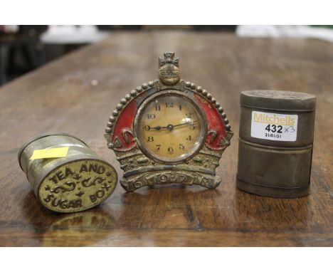 Two tea and sugar tins and 1937 Coronation mantle clock
