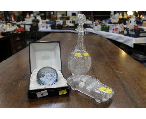 Caithness paperweight in original case, car form glass paperweight and decanter