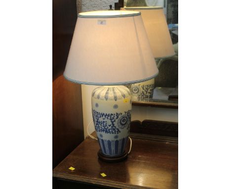 Blue and white table lamp and shade, height 68 cm