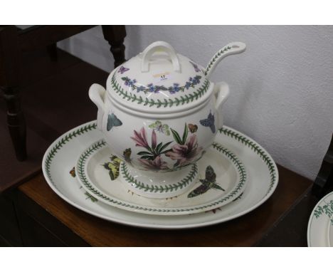 Large Portmeirion tureen with ladle and cover, height 30 cm and two large Portmeirion ashettes, 38 cm and 52 cm.