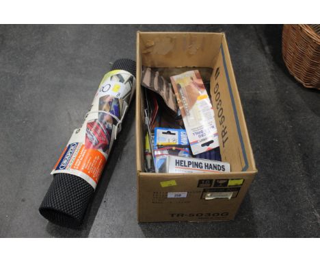 Box of tools, set squares, micro hand drill, compass cutter, razor saw set, magnifier, non-slip grip mat etc