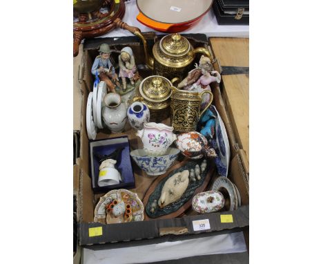 Box of ornaments, pie funnel, Dresden lidded vase, Limoges teapot, sugar basin and jug etc