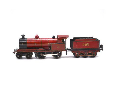Marklin O gauge model railway clock-work locomotive with tender, MR 4-4-0, no.385, red body, with custom made card box.