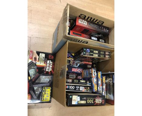 Star Wars games and puzzles, two boxes full including two Star Wars Monopoly editions; five chess set; Star Wars Galactic Str