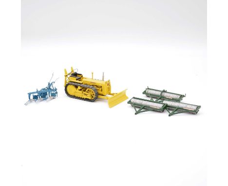 Custom made white-metal farm models, three including Fordson Super Major Country Ploughman; and a blue blue plough model; alo