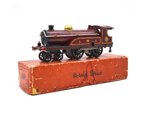 Hornby O gauge model railway clock-work locomotive, no.2 LMS 4-4-0, maroon body, boxed.