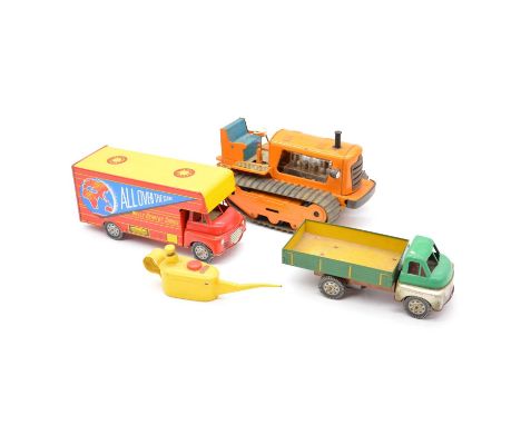 Tin-plate models, four including German Caterpillar type tractor, battery operated, with tracks, orange body; Wells Brimtoy '