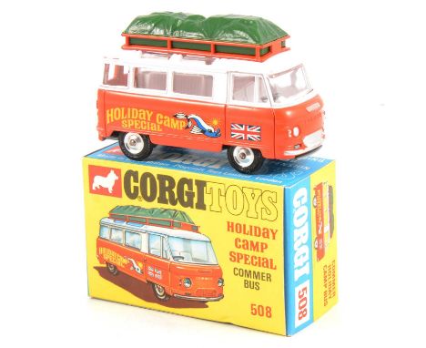 Corgi Toys die-cast model no.508 Holiday Camp special Commer Bus, orange body, with leaflet, no luggage, boxed. 