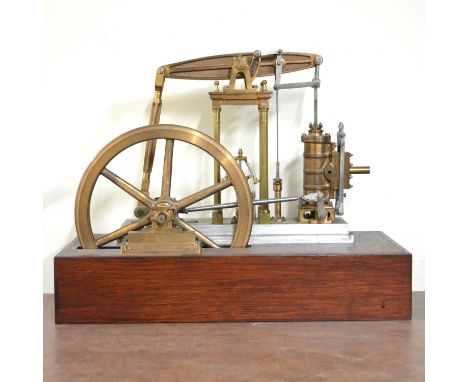 Model beam engine, live steam, mounted on wooden plinth, unpainted, width of base 40cm.