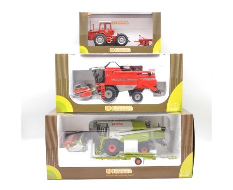 Universal Hobbies 1:32 scale models, three including Massey Ferguson MF 1200; Massey Ferguson 7245 combine harvester; Claas 4