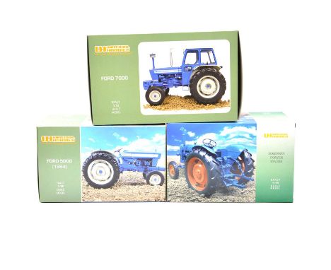 Universal Hobbies farm model tractors, three 1:16 scale including Ford 5000 (1964); Fordson Power Major; Ford 7000, all boxed