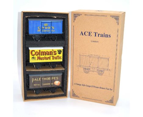 ACE Trains O gauge model railway private owners van set, no.7, three including 'Carr's Biscuits'; Colman's Mustard Traffic'; 