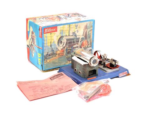 Wilesco live steam D10 stationary engine, with horizontal mounted boiler, and horizontal single cylinder engine, tin-plate ba