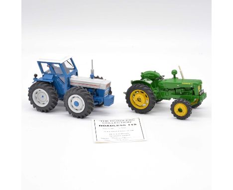 Custom built white metal model tractors likely G&amp;B Models, two including Ploughmaster 6-4 tractor, green body; Roadless 1