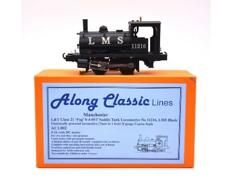 Along Classic Lines O gauge model railway locomotive, L&amp;Y class 21 'Pug' 0-4-0T saddle tank, no.11216, black body, 3-rail