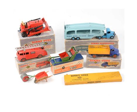 Dinky Toys die-cast model vehicles, five including no.982 Pullmore car transporter, with ramp; no.751 Lawn Mower; no.931 Leyl