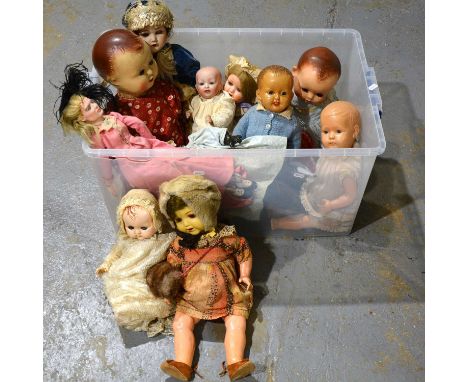 Twelve vintage dolls, bisque head and celluloid including makers Armand Marseille, Pedigree and others.Qty: 12