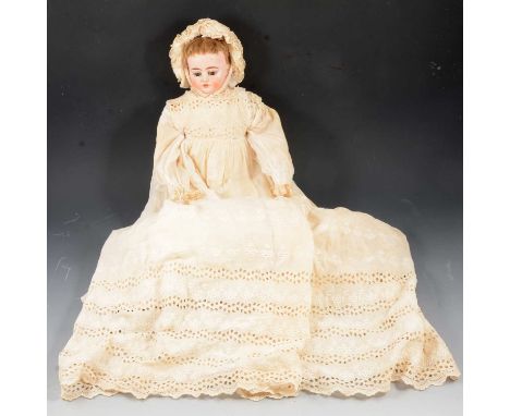 Ernst Heubach, Germany bisque head doll, with sleeping eyes, open mouth, composition arms, rag body and legs, in Christening 