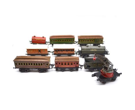 Bing O gauge model railway rolling-stock and passenger coaches, ten including 'Shell' oil tanker; crane truck; LNER passenger