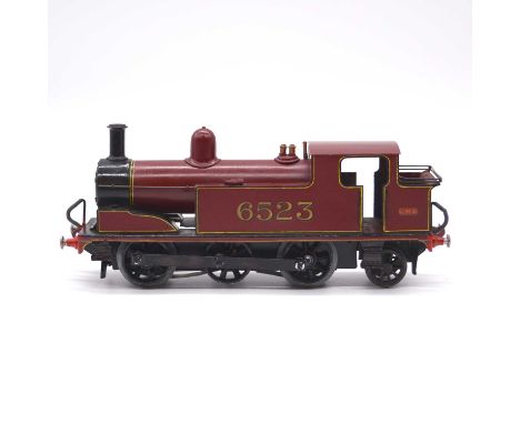 O gauge model railway electric locomotive, LMS 0-6-2, no.6523, maroon body, 3-rail, unbranded.