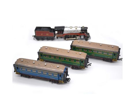 Paya O gauge model railways, including PH 2-4-0 electric locomotive with tender; 1371 passenger coaches (x2), green; 1372 pas