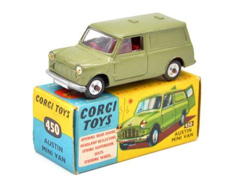 Corgi Toys die-cast model no.450 Austin Mini van, light metallic green body, red seats, spun hubs, boxed.