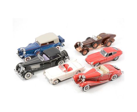 Franklin Mint models, 1:24 scale, six including 1953 Chevrolet Corvette; 1935 Mercedes-Benz 770K; 1940 Duesenberg; 1932 Cadil