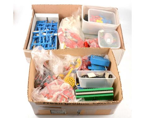 Two trays of vintage Lego, including train track, bricks, gears, doors, windows, wheels, fencing, small building bases, one l