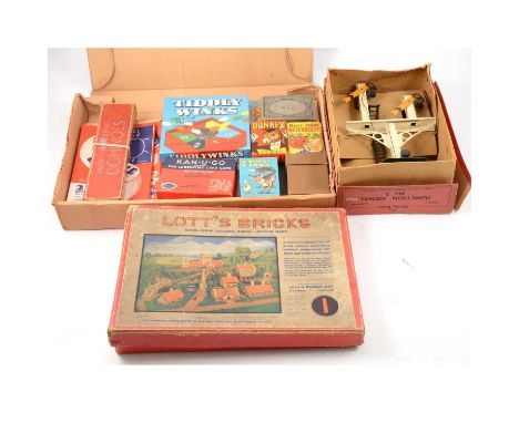 Vintage games, including card games, Happy Families, Lott's Bricks, boxed; and a Hornby O gauge model railway junction signal